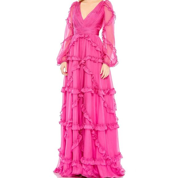 NWT MAC DUGGAL CASCADING RUFFLE PUFF SLEEVE A LINE GOWN...
